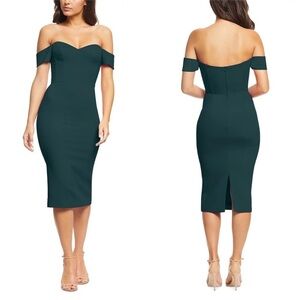 Brand New Dress the Population Bailey Pine Green Elegant Off-Shoulder Midi Dress